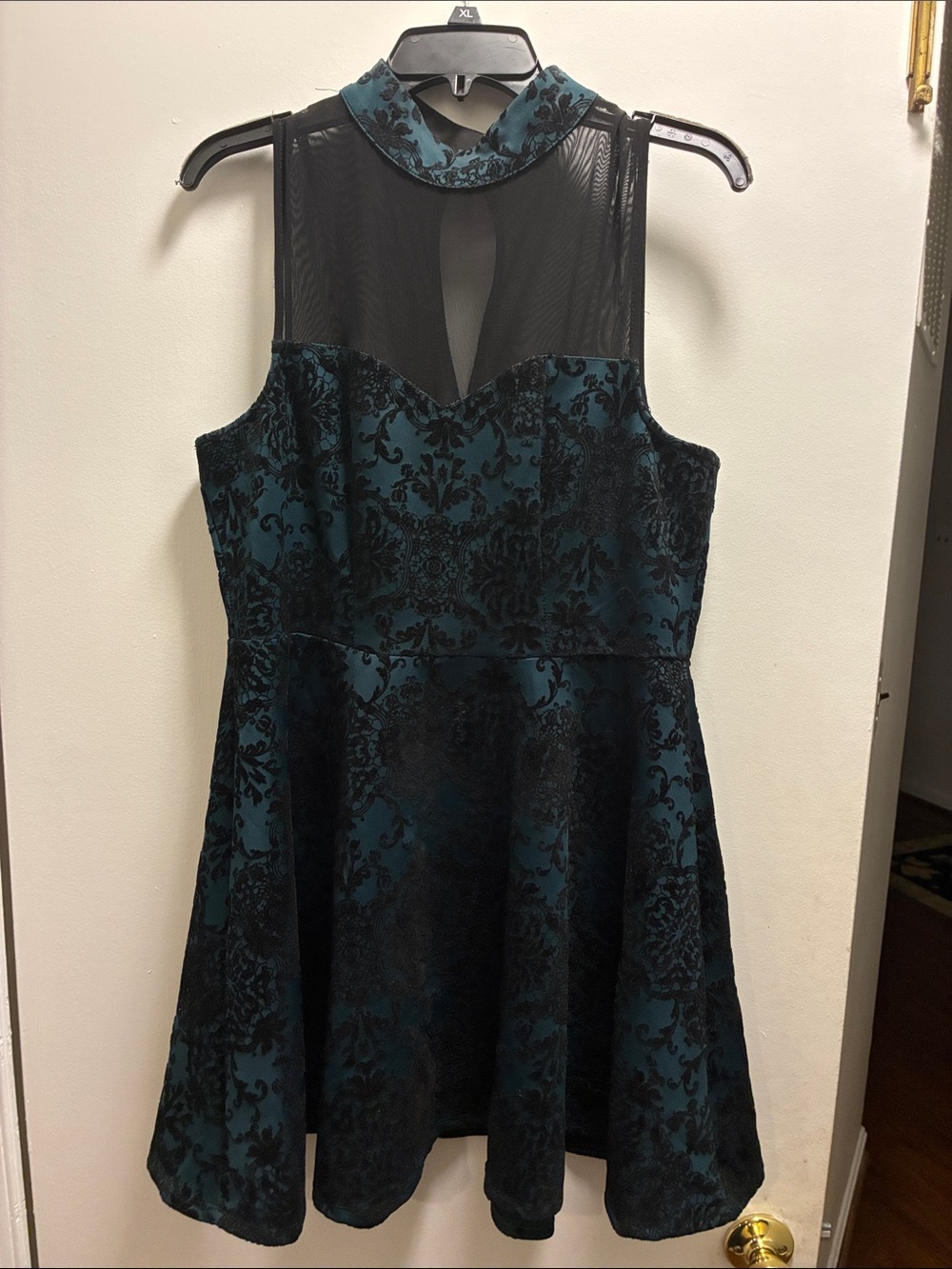 Trixxi XXL Teal Black Velvet Flocked Damask Dress Mock Neck Mesh Whimsigoth